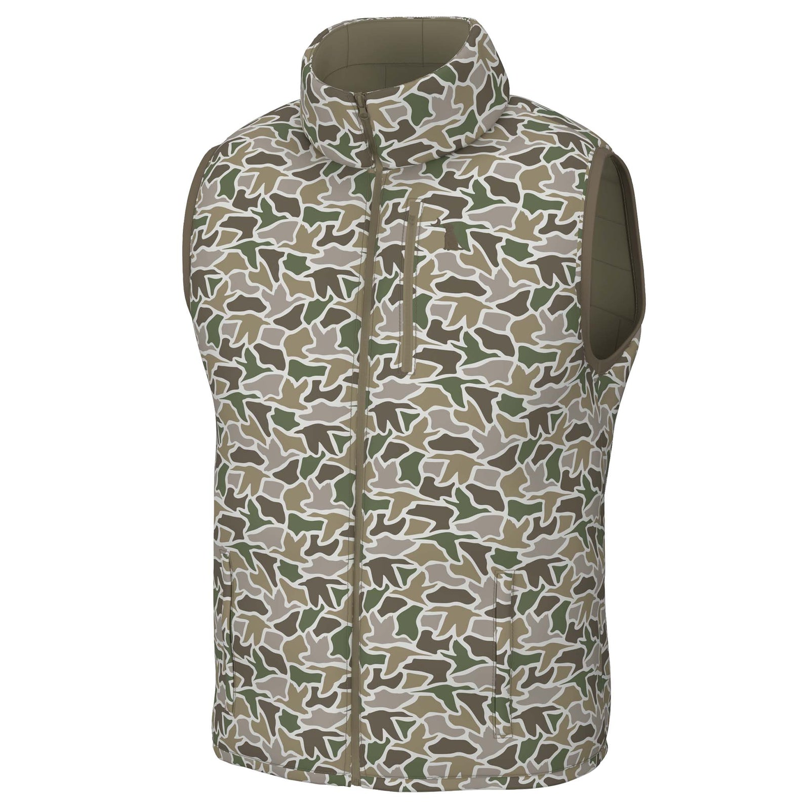 Duck camo men’s puffer vest with high collar, full zip front, chest zip pocket, and two side pockets.