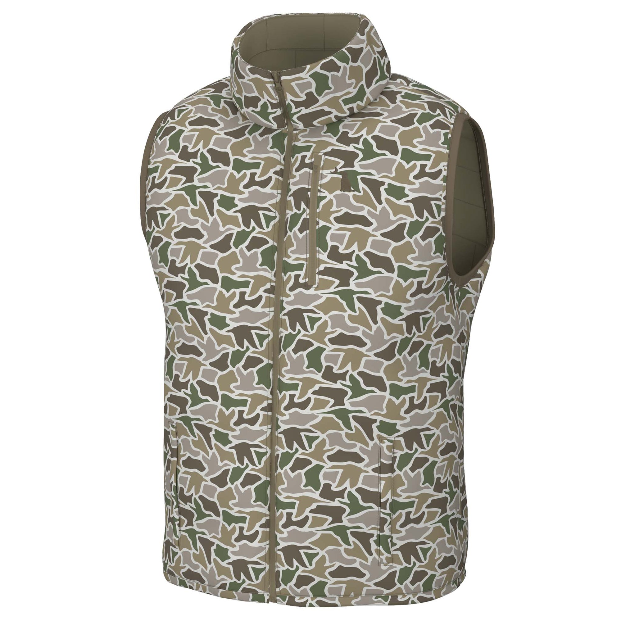 Duck camo men’s puffer vest with high collar, full zip front, chest zip pocket, and two side pockets.