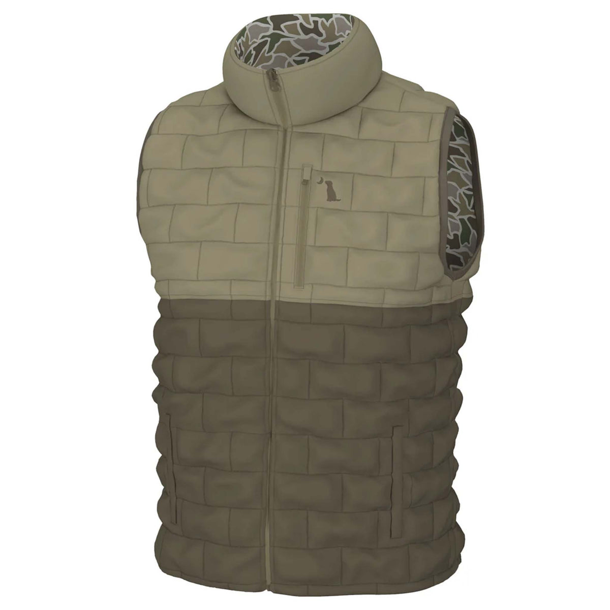 Green quilted vest with camouflage pattern on a white background