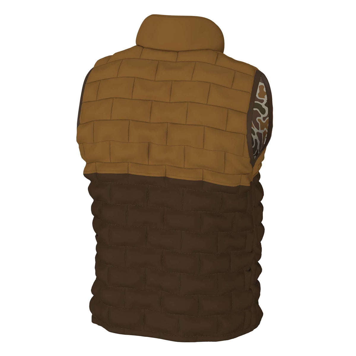 Back of brown quilted vest with reversible camo interior.
