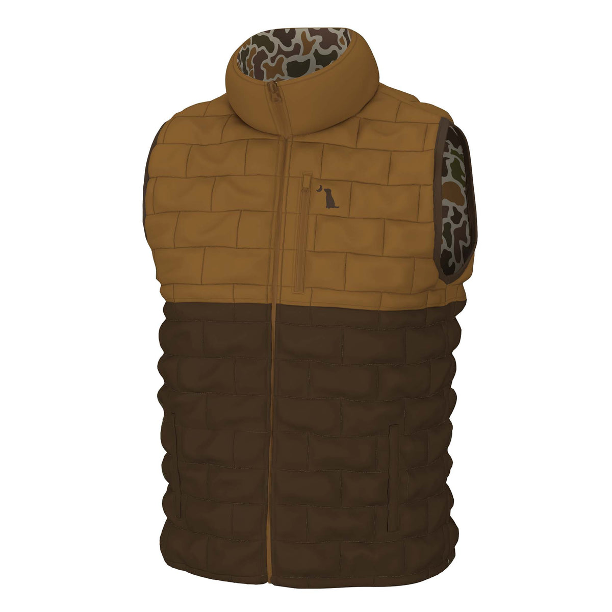 Two-tone brown puffer vest with camo print reversible lining on a white background