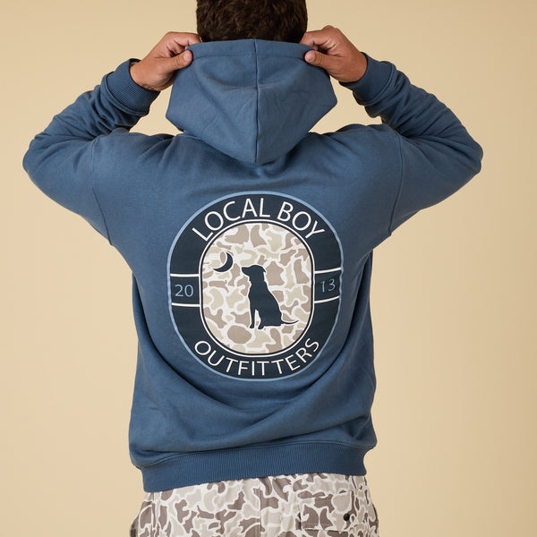 Man pulling up a hood on his hoodie.