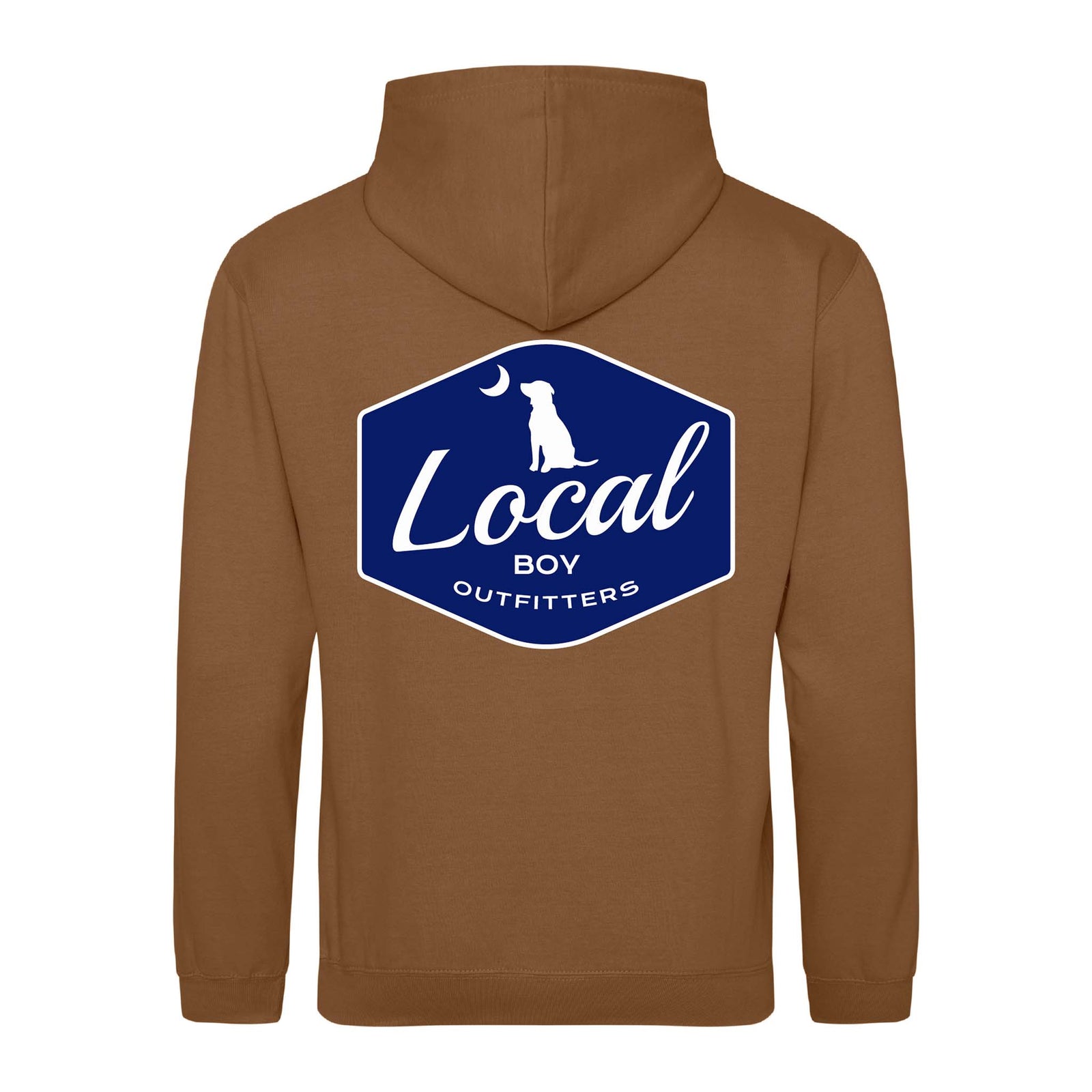 Brown Local Boy Outfitters hoodie with large navy and white hexagon logo on back featuring a lab and crescent moon design.