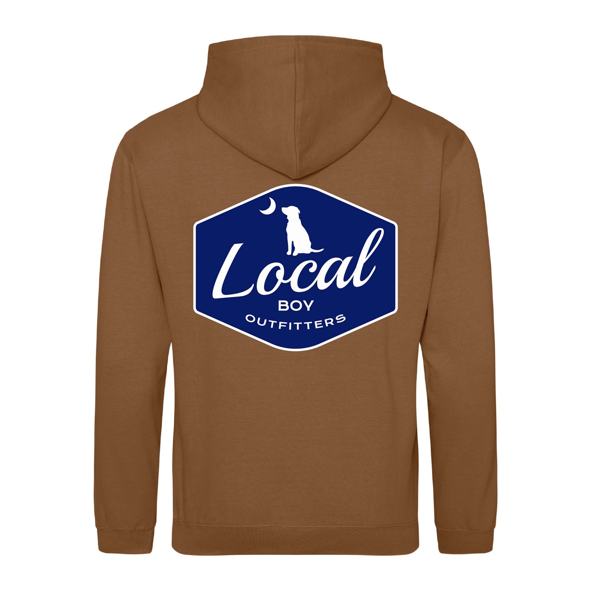 Brown Local Boy Outfitters hoodie with large navy and white hexagon logo on back featuring a lab and crescent moon design.
