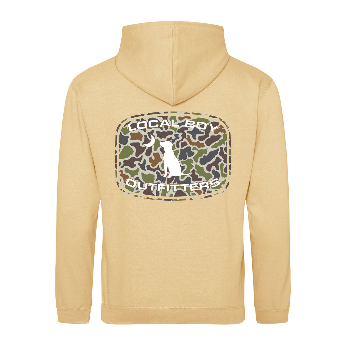 Local Boy Outfitters youth hoodie in desert tan with camo logo design on back, featuring white dog silhouette and crescent moon inside a camo patch.
