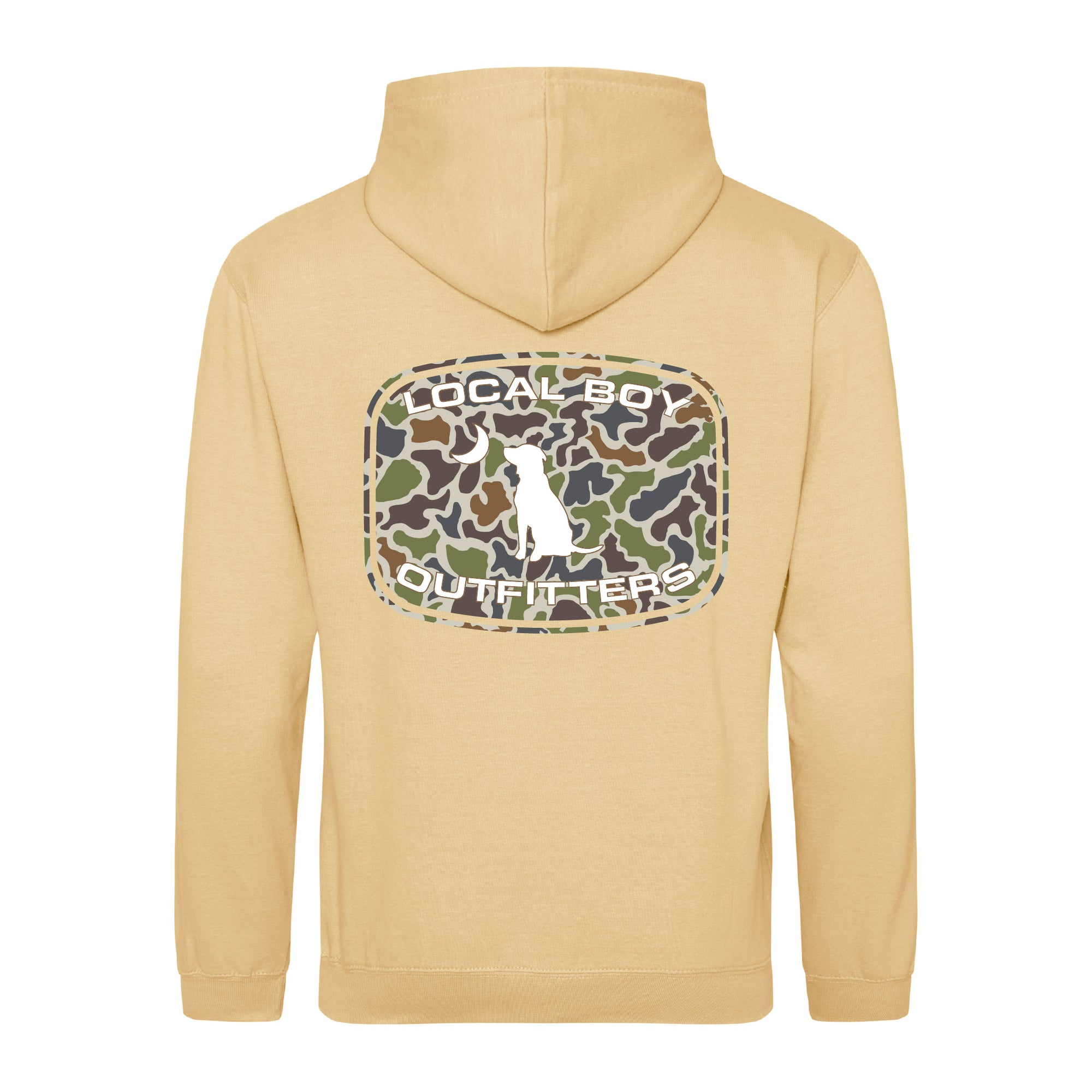 Local Boy Outfitters youth hoodie in desert tan with camo logo design on back, featuring white dog silhouette and crescent moon inside a camo patch.