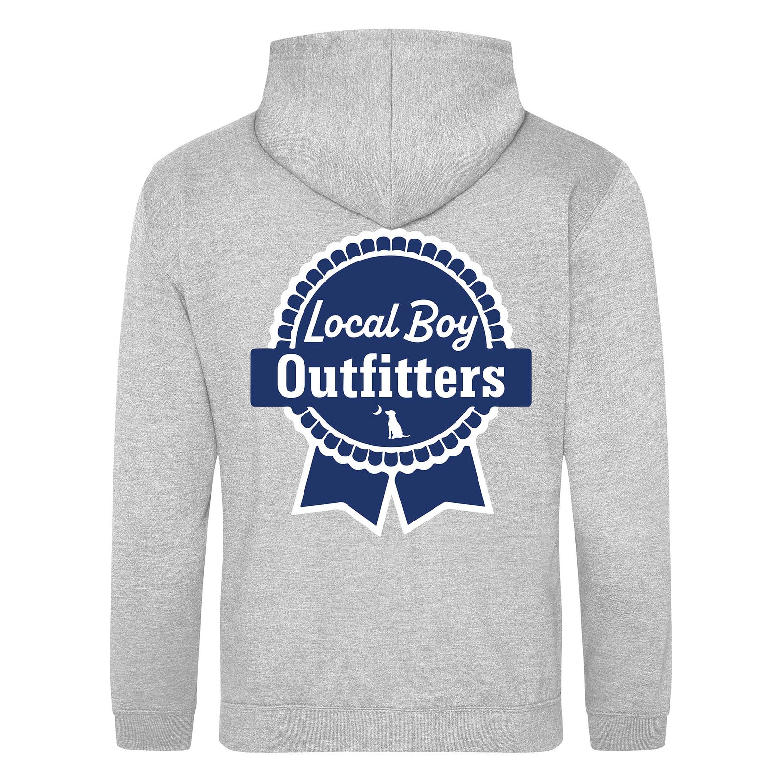Heather grey hoodie featuring a large navy Local Boy Outfitters ribbon logo on the back with a dog silhouette and crescent moon inside the circular design.