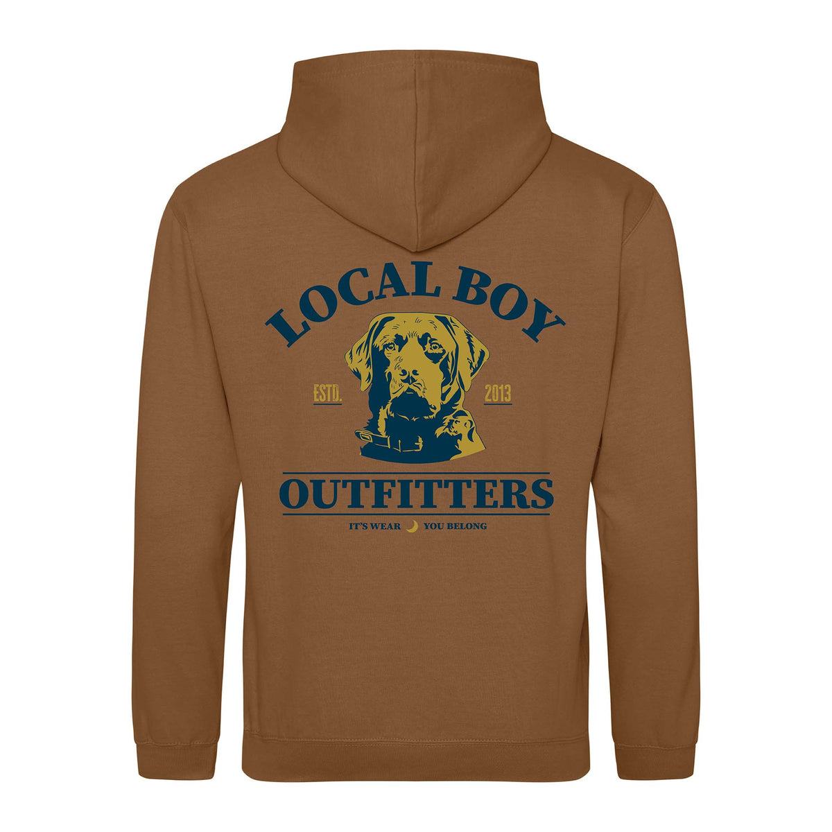 Brown hoodie with 'Local Boy Outfitters' logo and dog graphic on the back
