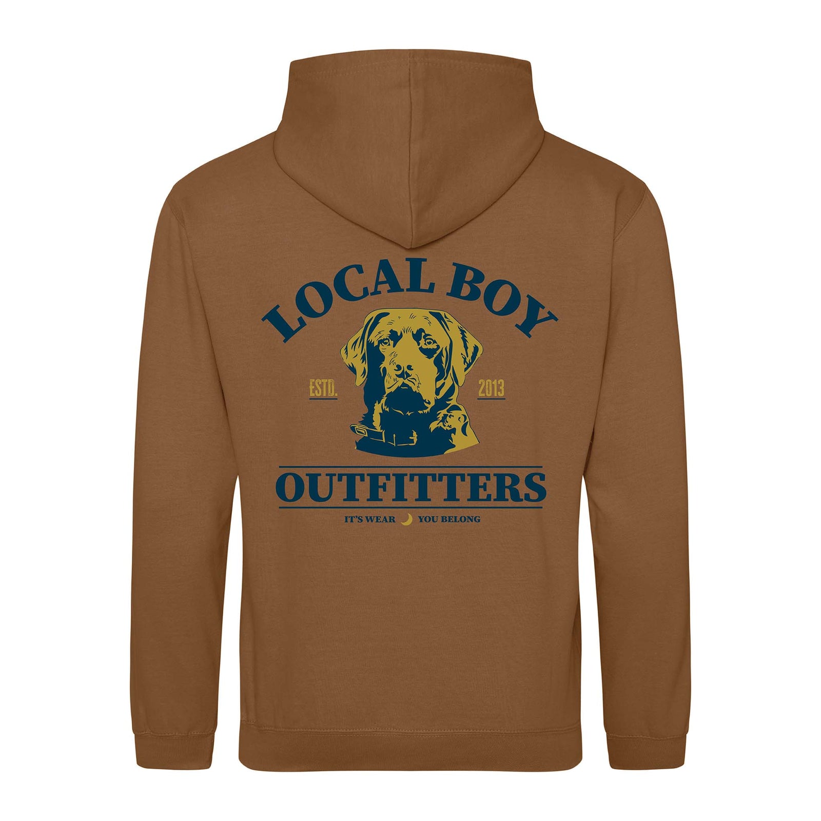Brown hoodie with 'Local Boy Outfitters' logo and dog graphic on the back