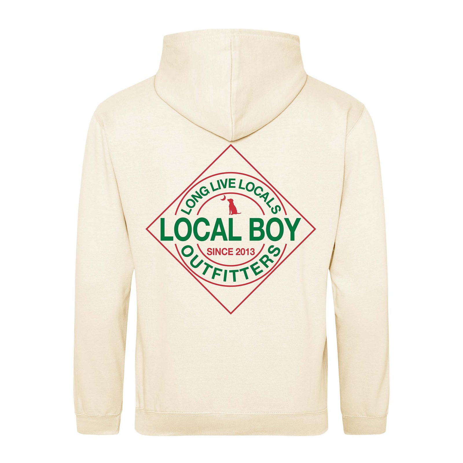 Vanilla milkshake-colored hoodie with a diamond-shaped Local Boy Outfitters graphic on the back in green and red, featuring a dog silhouette and "Long Live Locals" text.