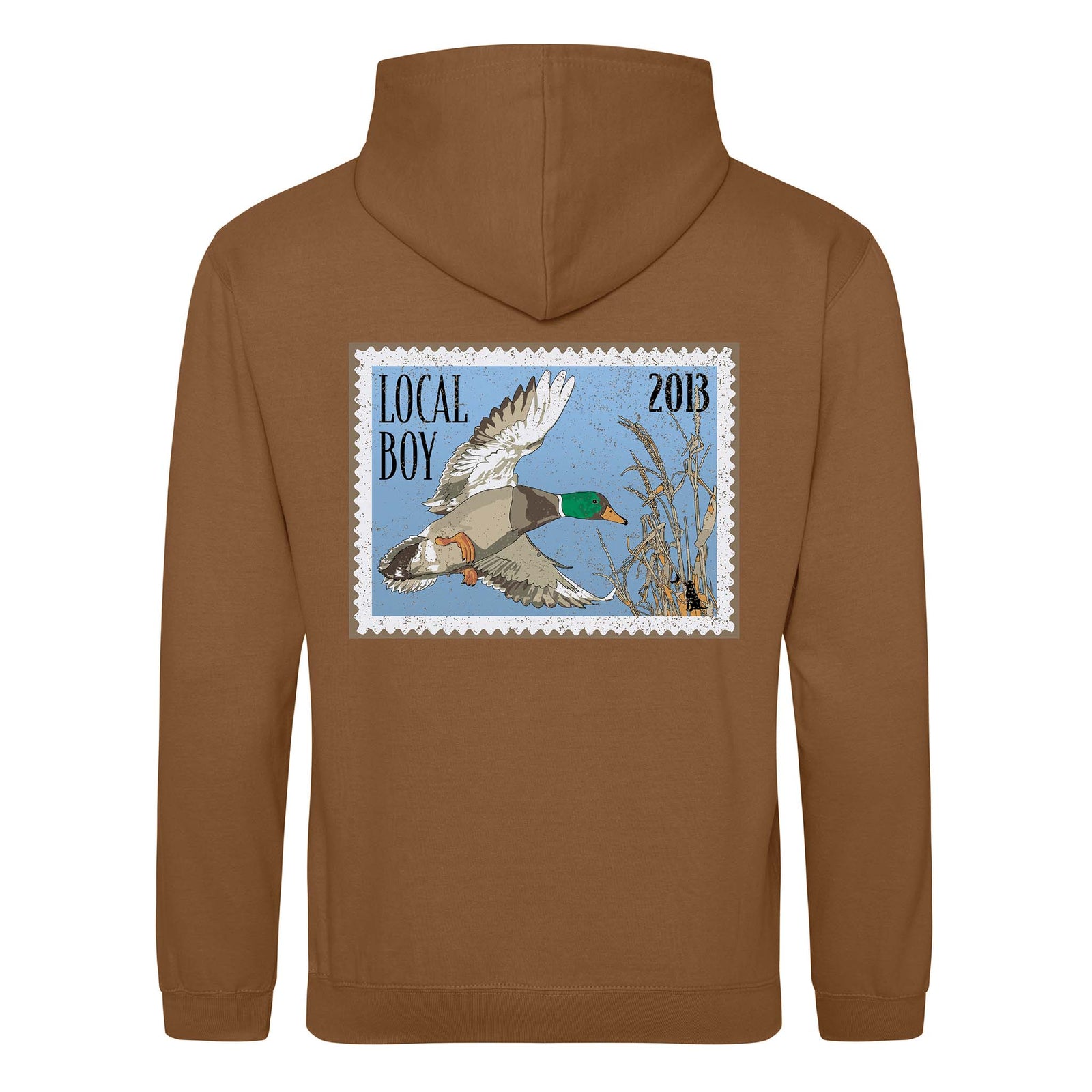 Brown hoodie with a vintage postage stamp-style graphic of a flying mallard duck, blue sky, and reeds. Features “Local Boy” text and “2013” on the back.