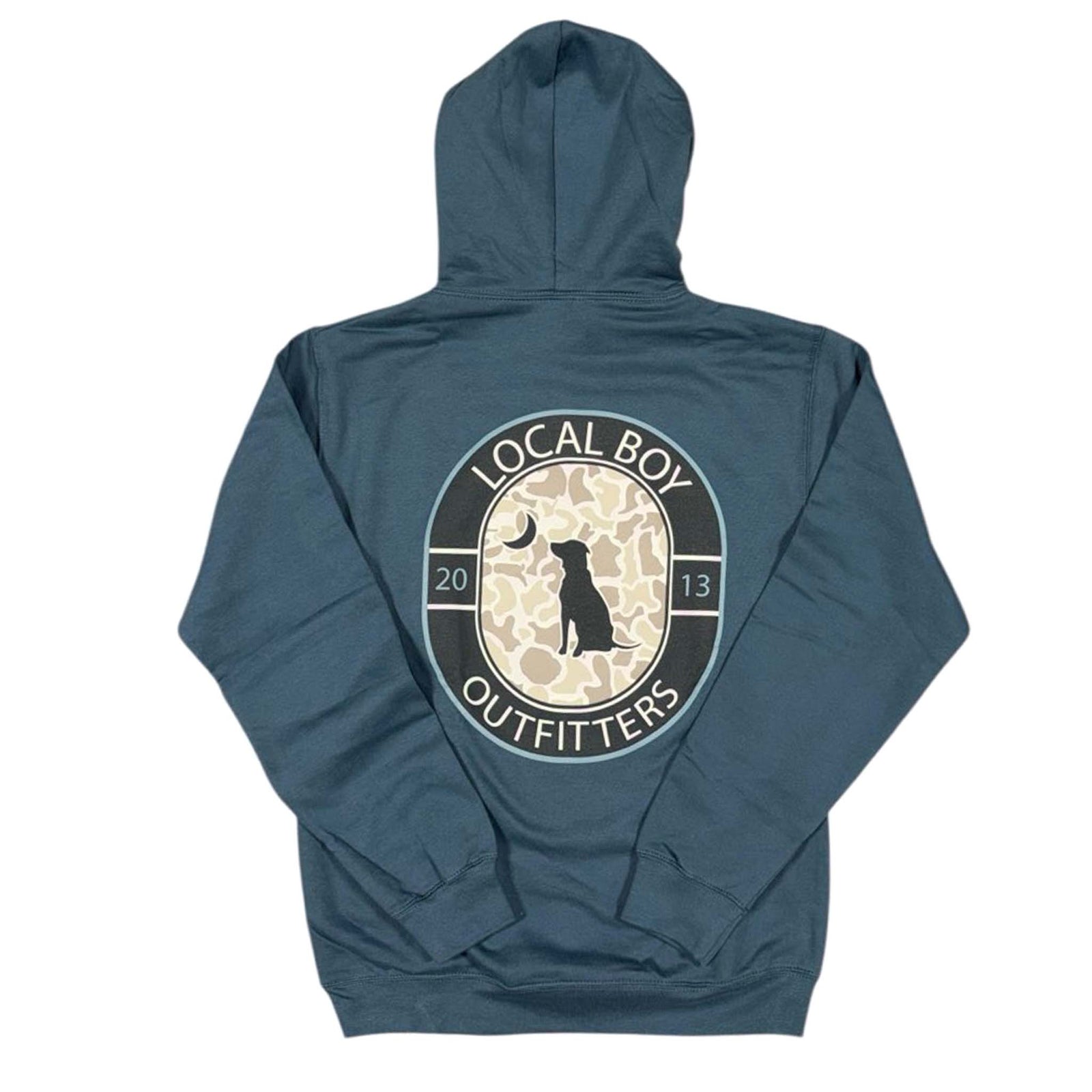 Dark blue hoodie with camo filled Local Boy Outfitters logo graphic on the back shown on a white background.