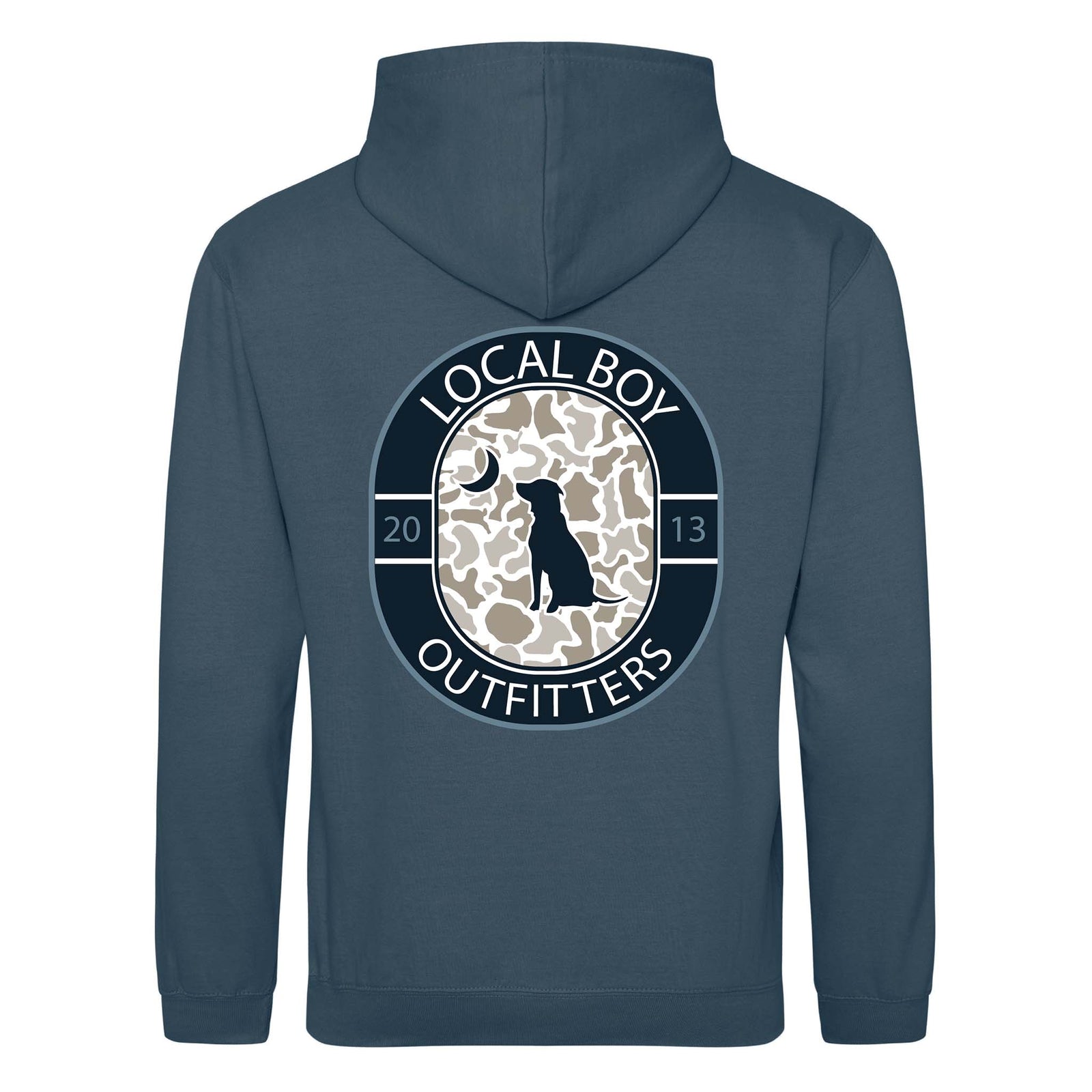 Navy blue hoodie with 'Local Boy Outfitters' logo on the back
