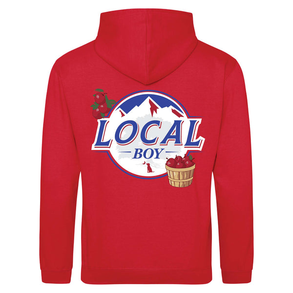  Local Boy hoodie with back graphic featuring apples, a mountain logo, and a basket. “Local Boy” text in red, white, and blue.