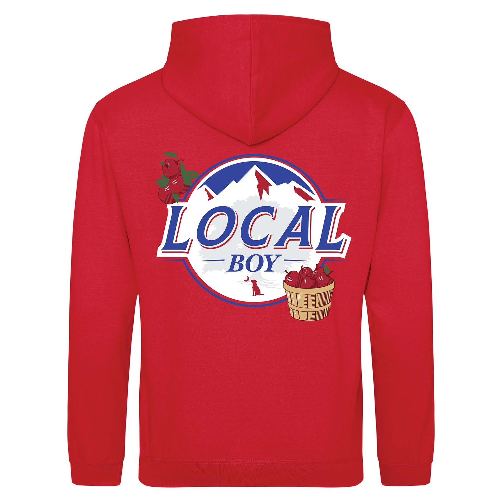 Fire red Local Boy hoodie with back graphic featuring apples, a mountain logo, and a basket. “Local Boy” text in red, white, and blue.