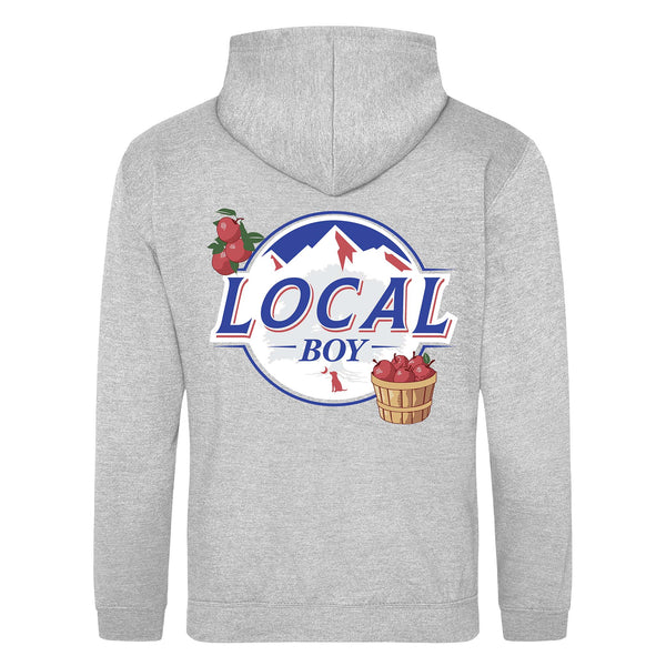  Local Boy hoodie with back graphic of apples, mountain logo, and basket. “Local Boy” text in red, white, and blue.