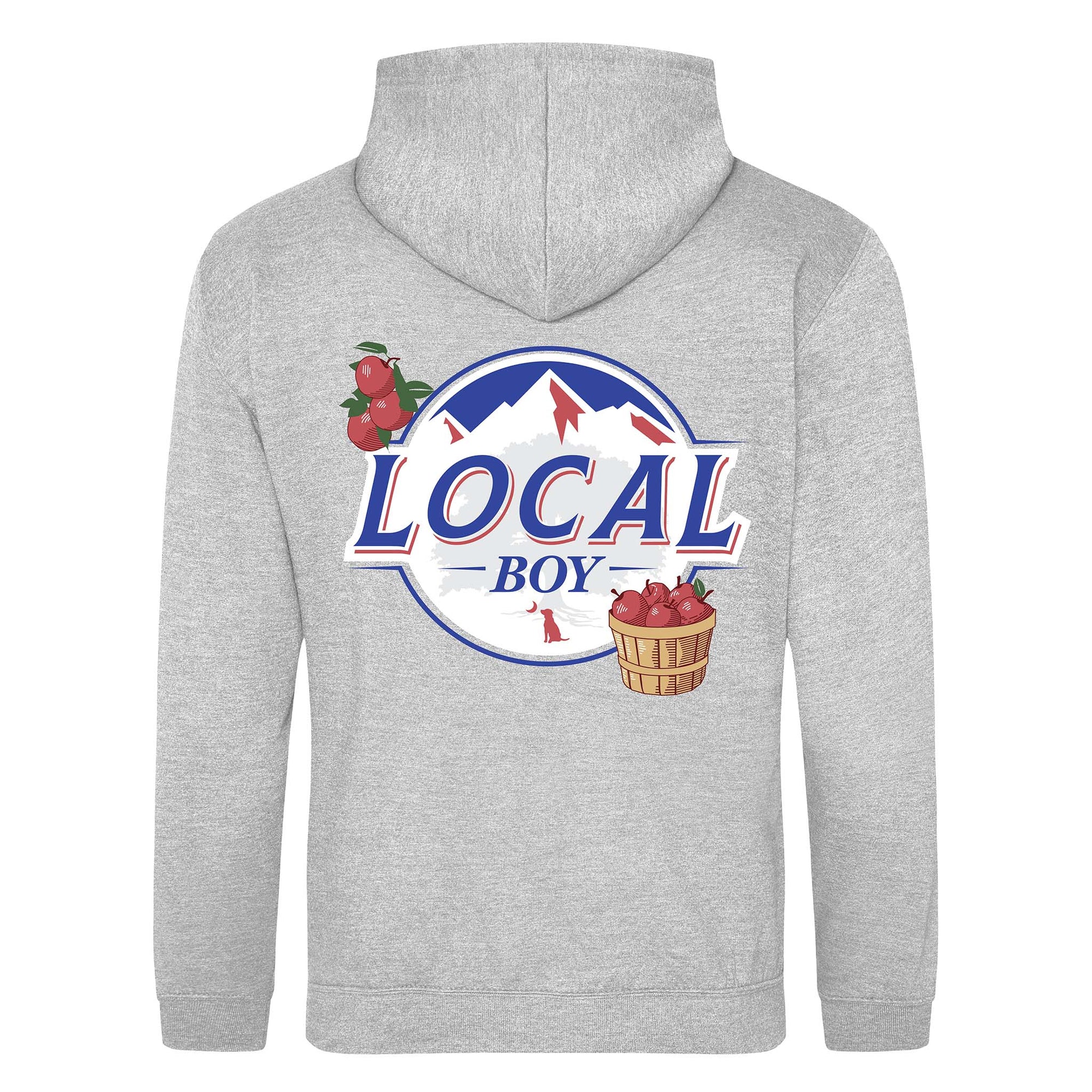 Heather grey Local Boy hoodie with back graphic of apples, mountain logo, and basket. “Local Boy” text in red, white, and blue.
