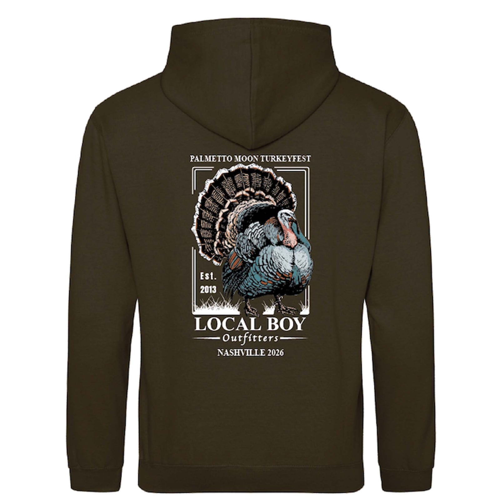 Brown hoodie with a graphic of turkeys and text on the back, on a white background