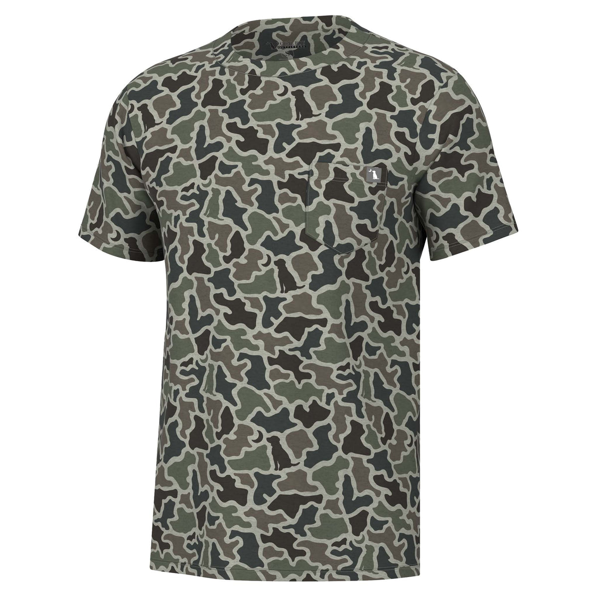 Local boy outfitters short sleeve tshirt with an all over brown and green camo print with silhouettes of dog and moon and a left chest pocket.