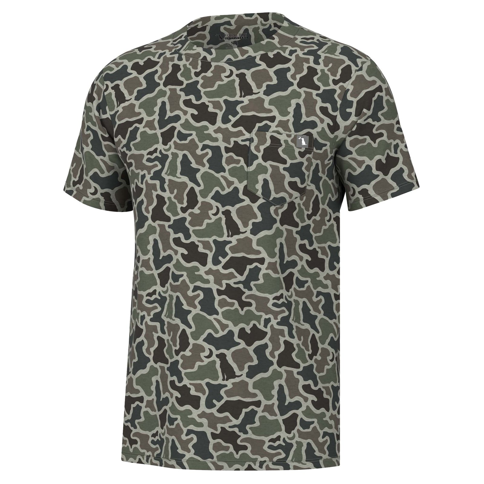 Local boy outfitters short sleeve tshirt with an all over brown and green camo print with silhouettes of dog and moon and a left chest pocket.