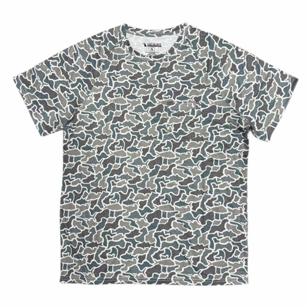 Local Boy Outfitters Heather Blend Crewneck Short Sleeve T-Shirt in Fish Camo shown on a white background.
