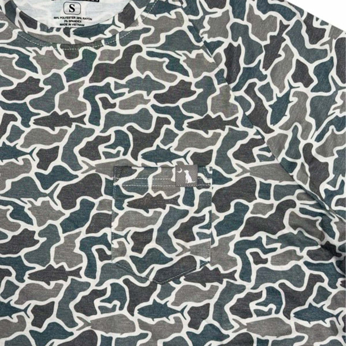 Close up of Local Boy Outfitters Heather Blend Crewneck Short Sleeve T-Shirt in Fish Camo.