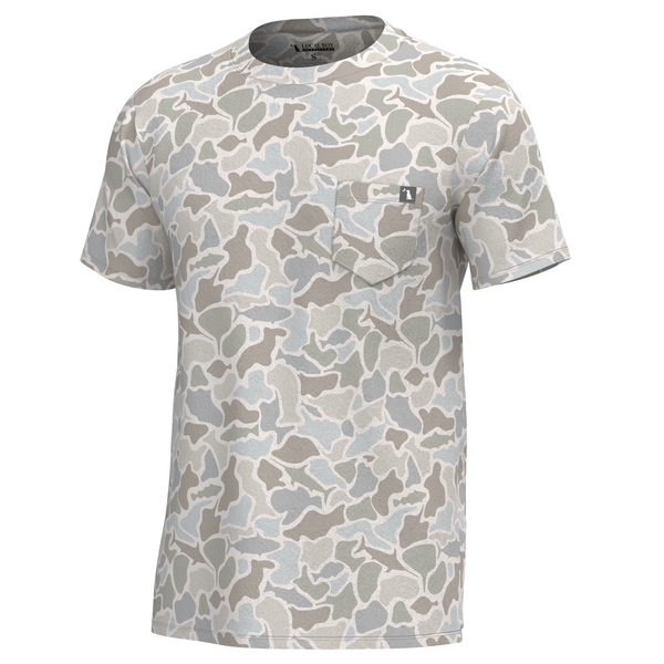 Local Boy Outfitters Heather Blend Crewneck Short Sleeve T-Shirt in Saltwater Camo shown on a white backdrop.