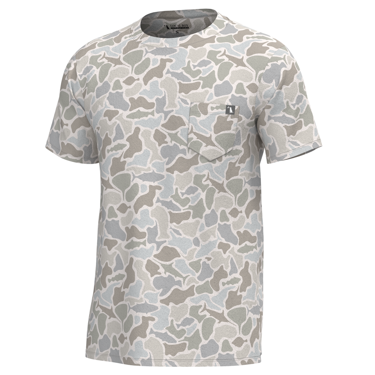 Local Boy Outfitters Heather Blend Crewneck Short Sleeve T-Shirt in Saltwater Camo shown on a white backdrop.