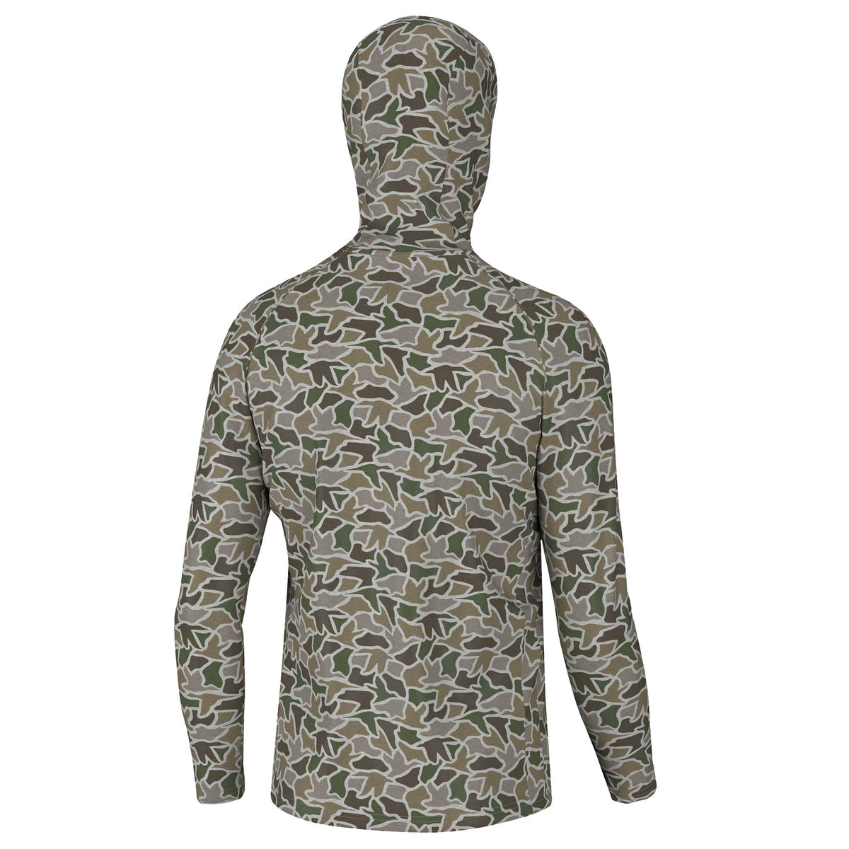 Back view of a men’s long sleeve hooded shirt in a green and brown duck camo pattern with the hood up.