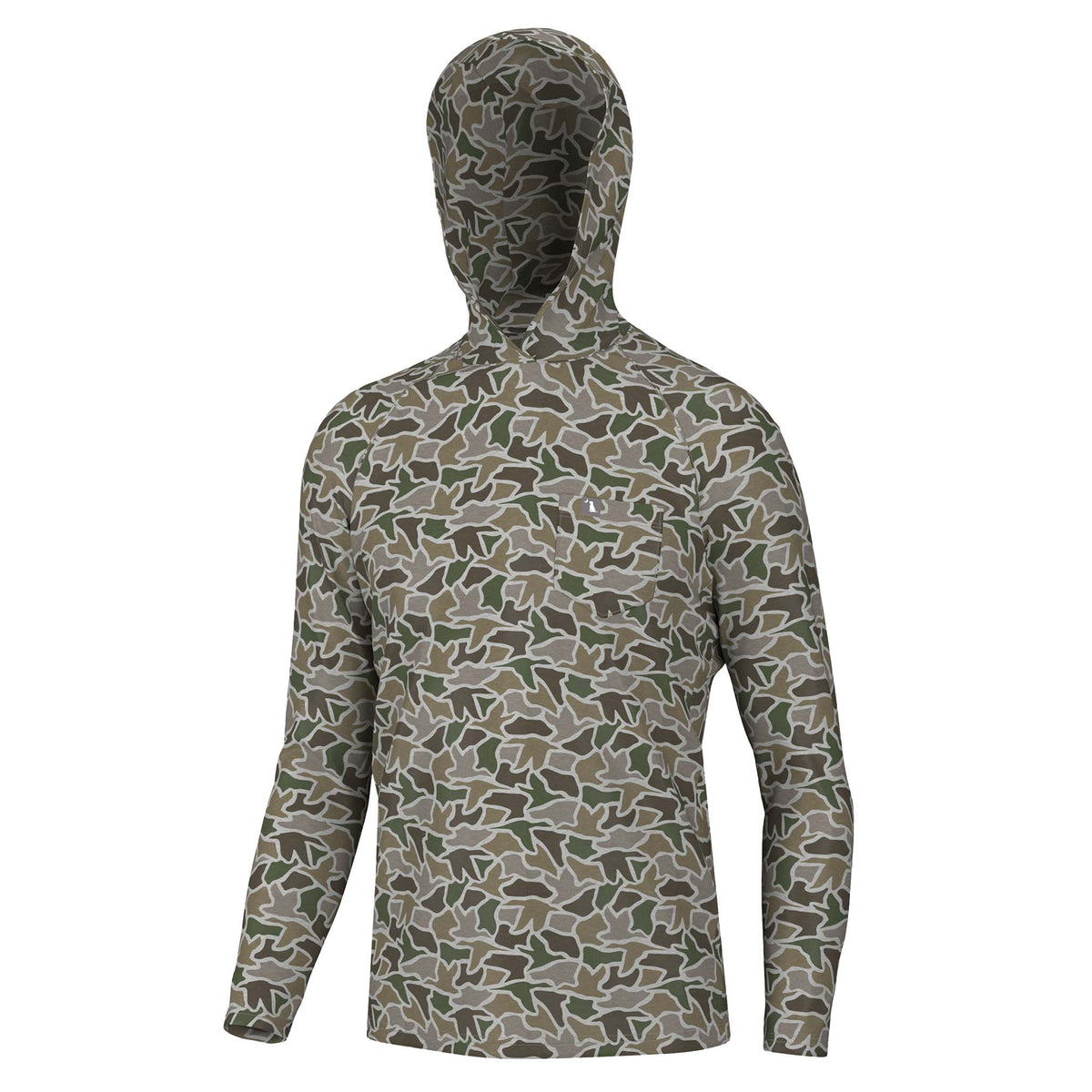 Front view of a men’s long sleeve hooded shirt in a green and brown duck camo pattern with a front chest pocket.