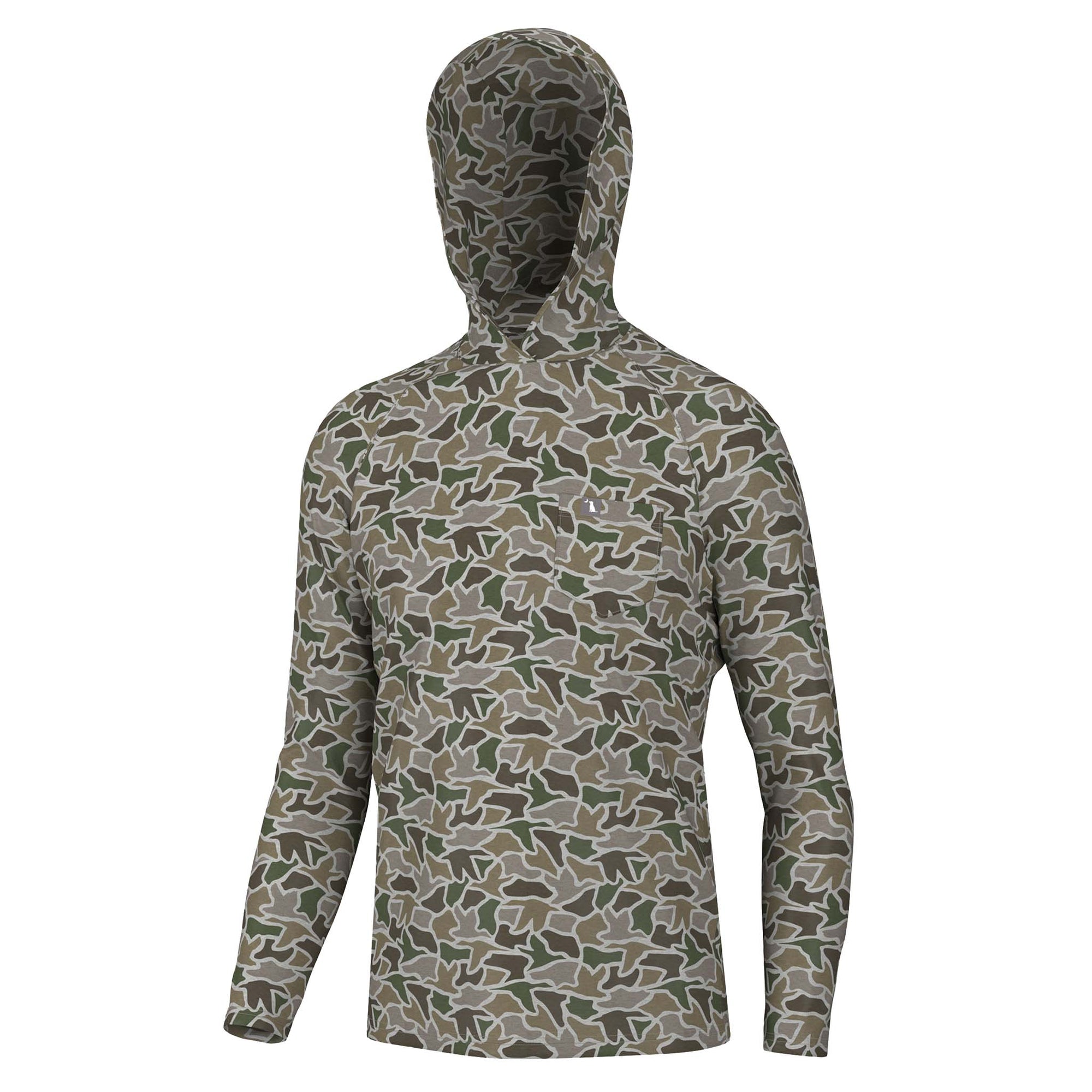 Front view of a men’s long sleeve hooded shirt in a green and brown duck camo pattern with a front chest pocket.