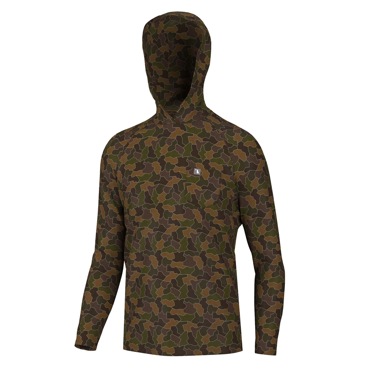 Front view of a men’s long sleeve hooded shirt in a dark green, brown, and tan camo pattern with a chest pocket.