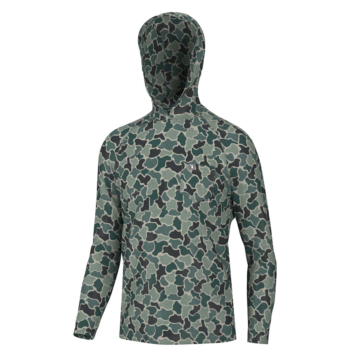 Front view of a men’s long sleeve hooded shirt in a green and black ravine camo pattern with a chest pocket.