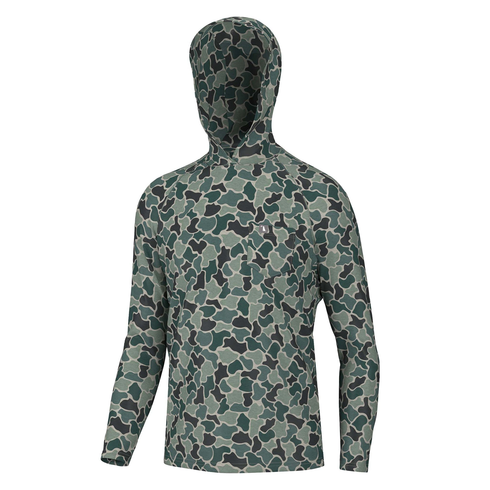 Front view of a men’s long sleeve hooded shirt in a green and black ravine camo pattern with a chest pocket.