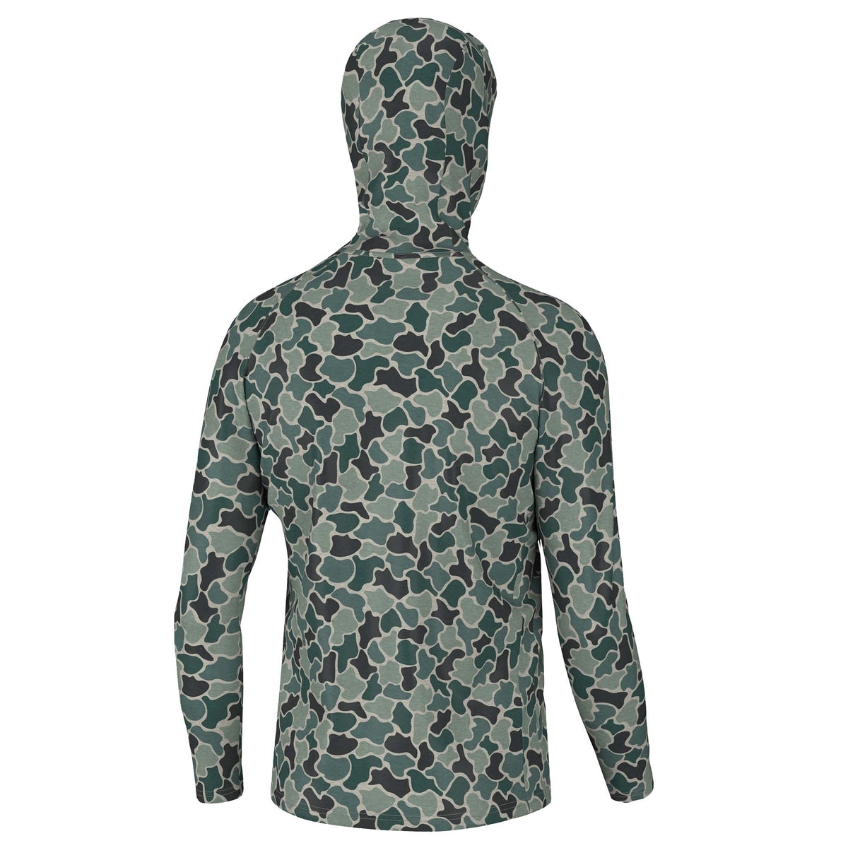 Back view of a men’s long sleeve hooded shirt in a green and black ravine camo pattern with the hood up.