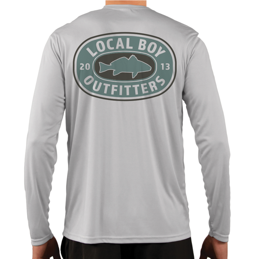 Gray long-sleeve shirt with 'Local Boy Outfitters' logo on the back