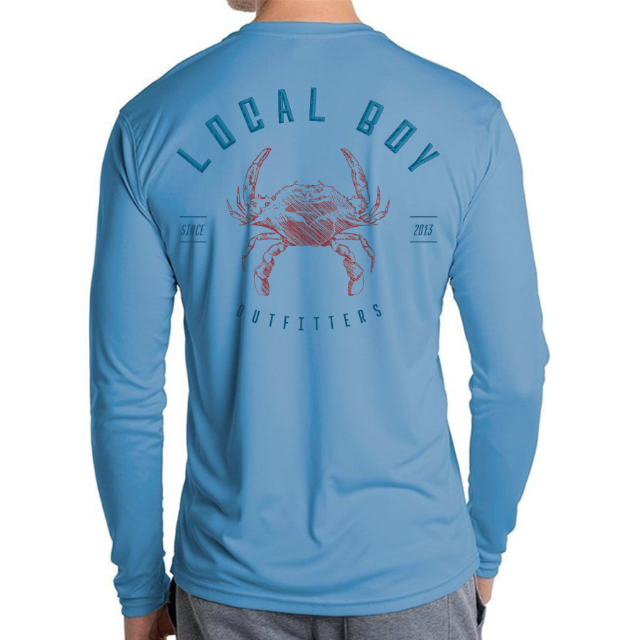 Blue long-sleeve shirt with a crab graphic and 'Local Boy Outfitters' text on the back.