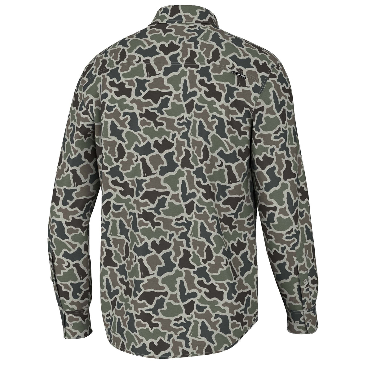 Back view of long sleeve button-down shirt with allover camouflage print and small black brand logo on upper back.