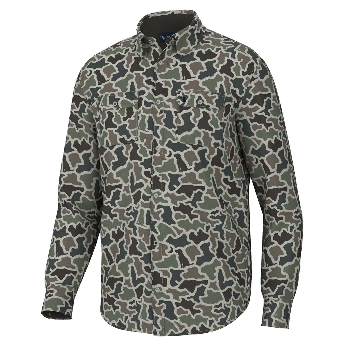 Front view of long sleeve button-down shirt with allover green, black, and grey camouflage print, featuring two button-flap chest pockets.