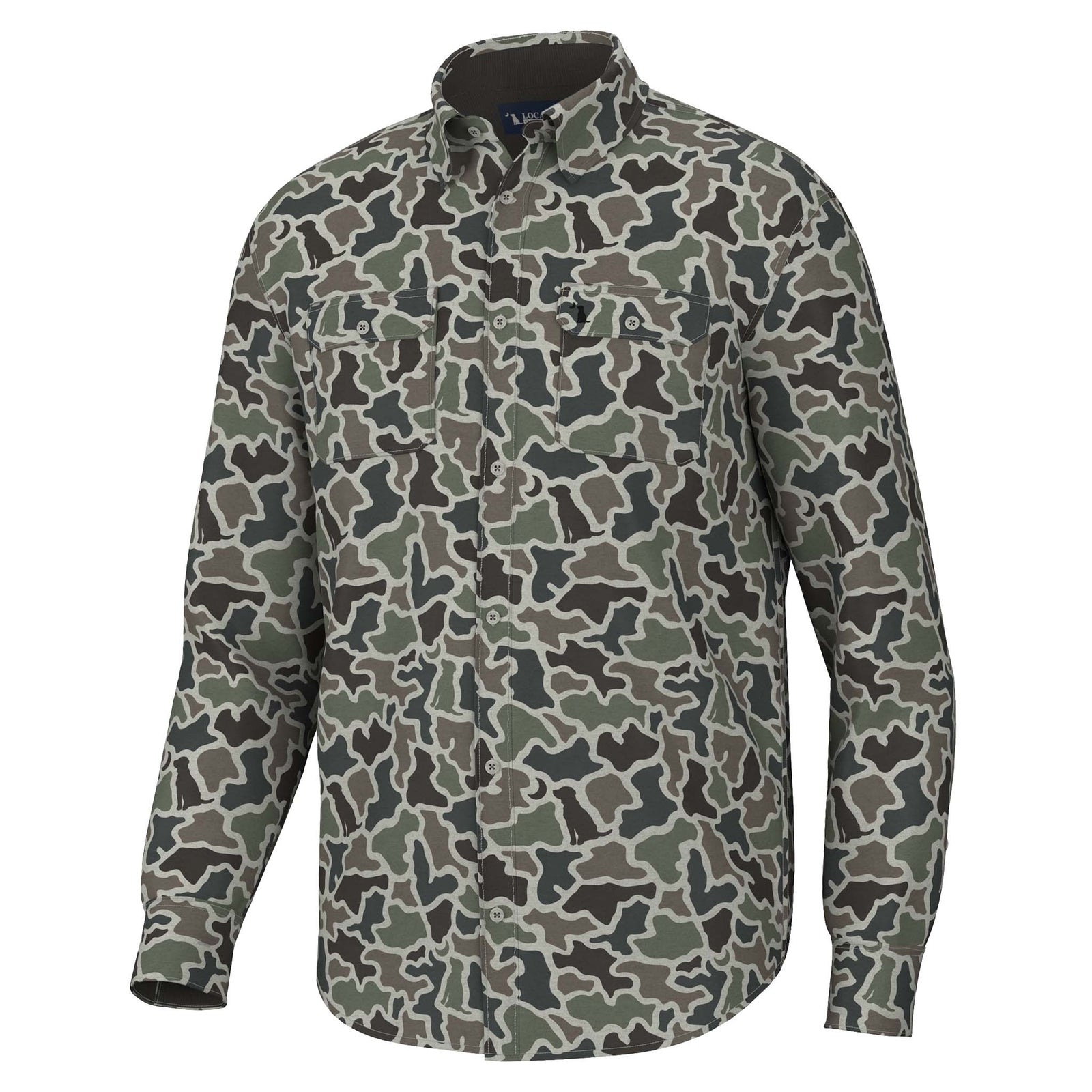 Front view of long sleeve button-down shirt with allover green, black, and grey camouflage print, featuring two button-flap chest pockets.