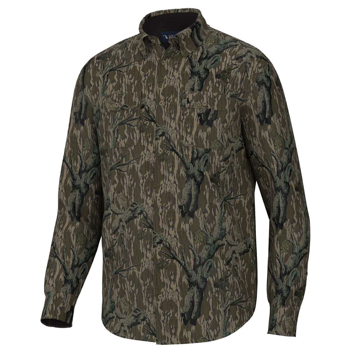 Front view of long sleeve button-down shirt with allover tree bark camouflage print in shades of brown, green, and black, featuring two button-flap chest pockets.