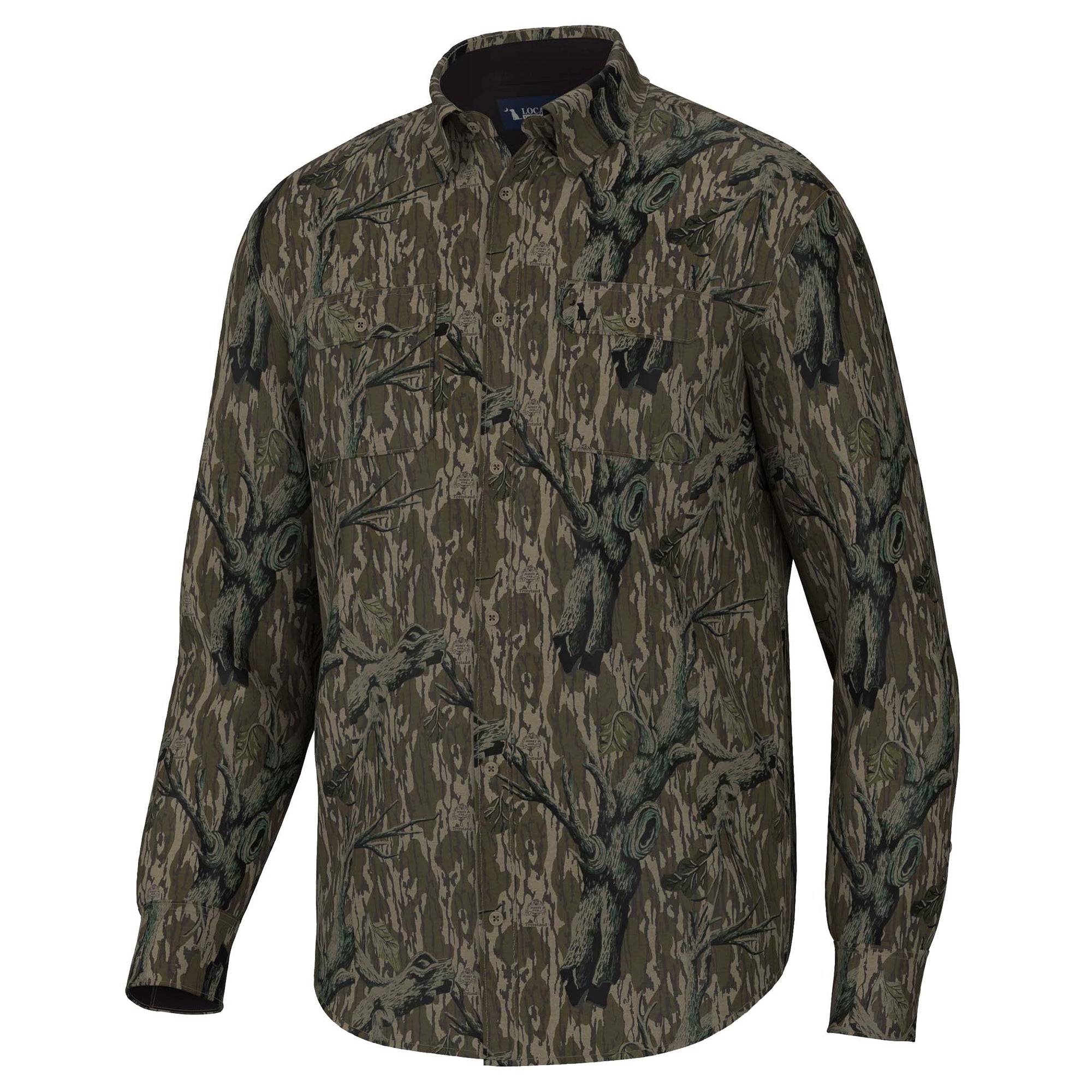 Front view of long sleeve button-down shirt with allover tree bark camouflage print in shades of brown, green, and black, featuring two button-flap chest pockets.