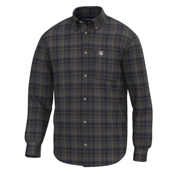 Plaid Stretch Flannel in Charcoal, Navy, and Brown Plaid