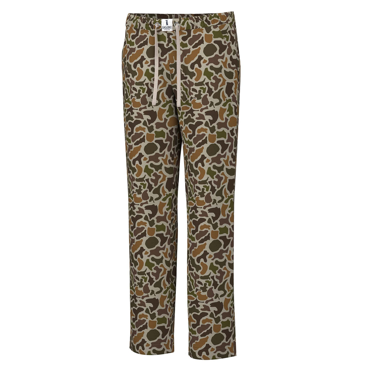 Camouflage-patterned pajama pants on a white background