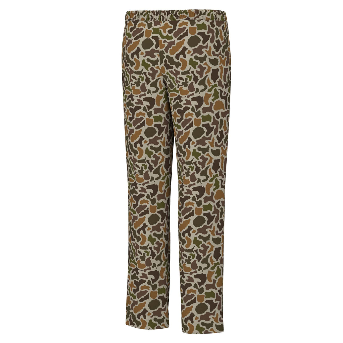 Camouflage-patterned pajama pants on a white background