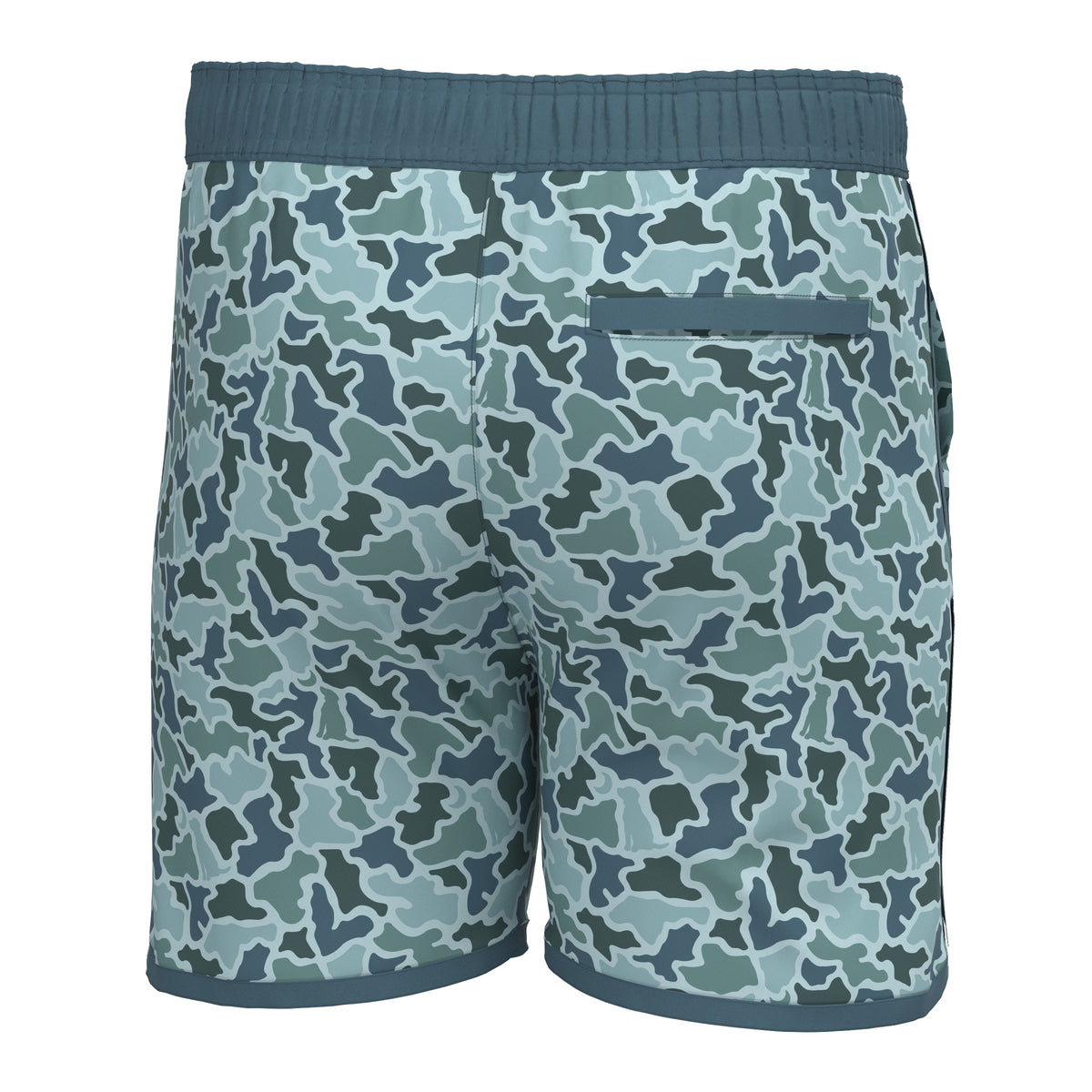 Camouflage-patterned swim trunks with a blue waistband on a white background