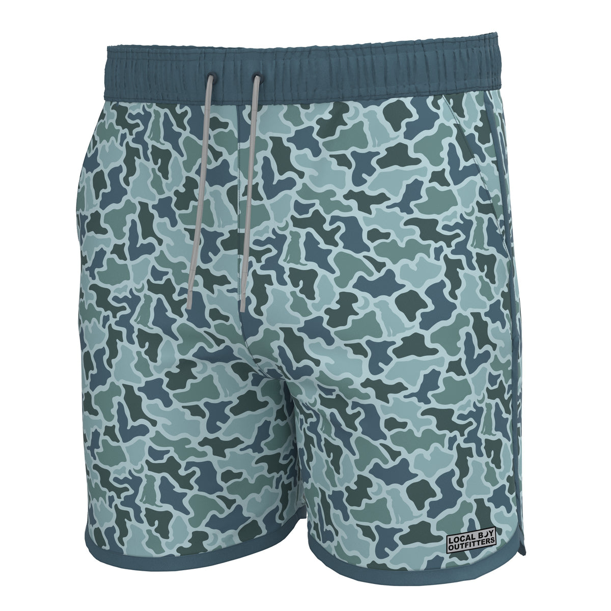 Camouflage-patterned swim trunks with a visible brand label on a white background