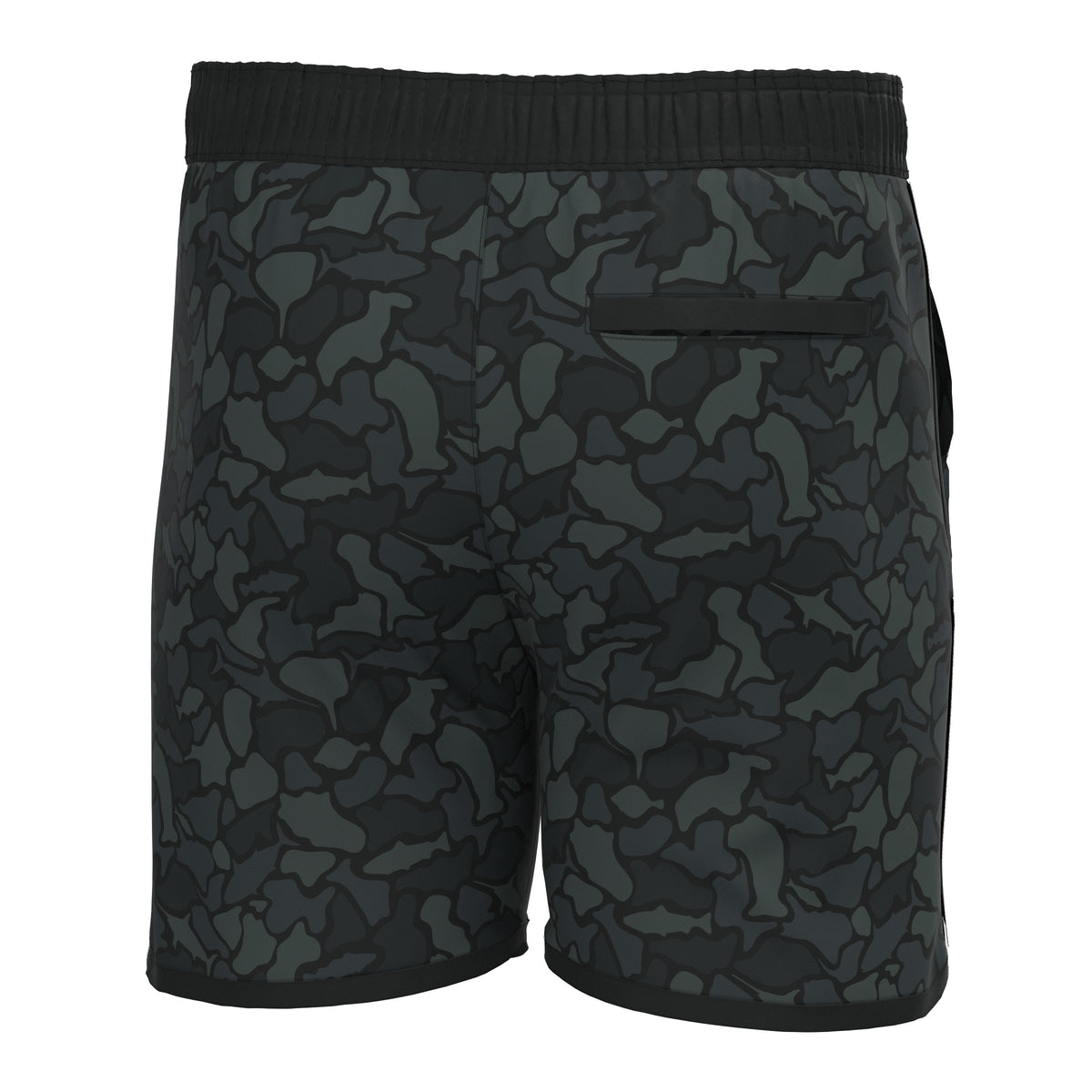 Black camouflage swim trunks on a white background