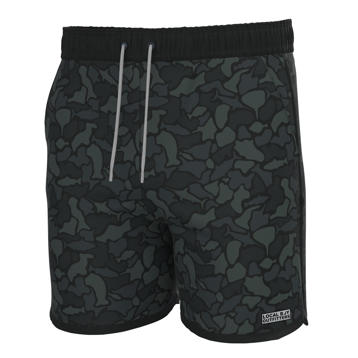 Black camouflage swim trunks with drawstring on a white background