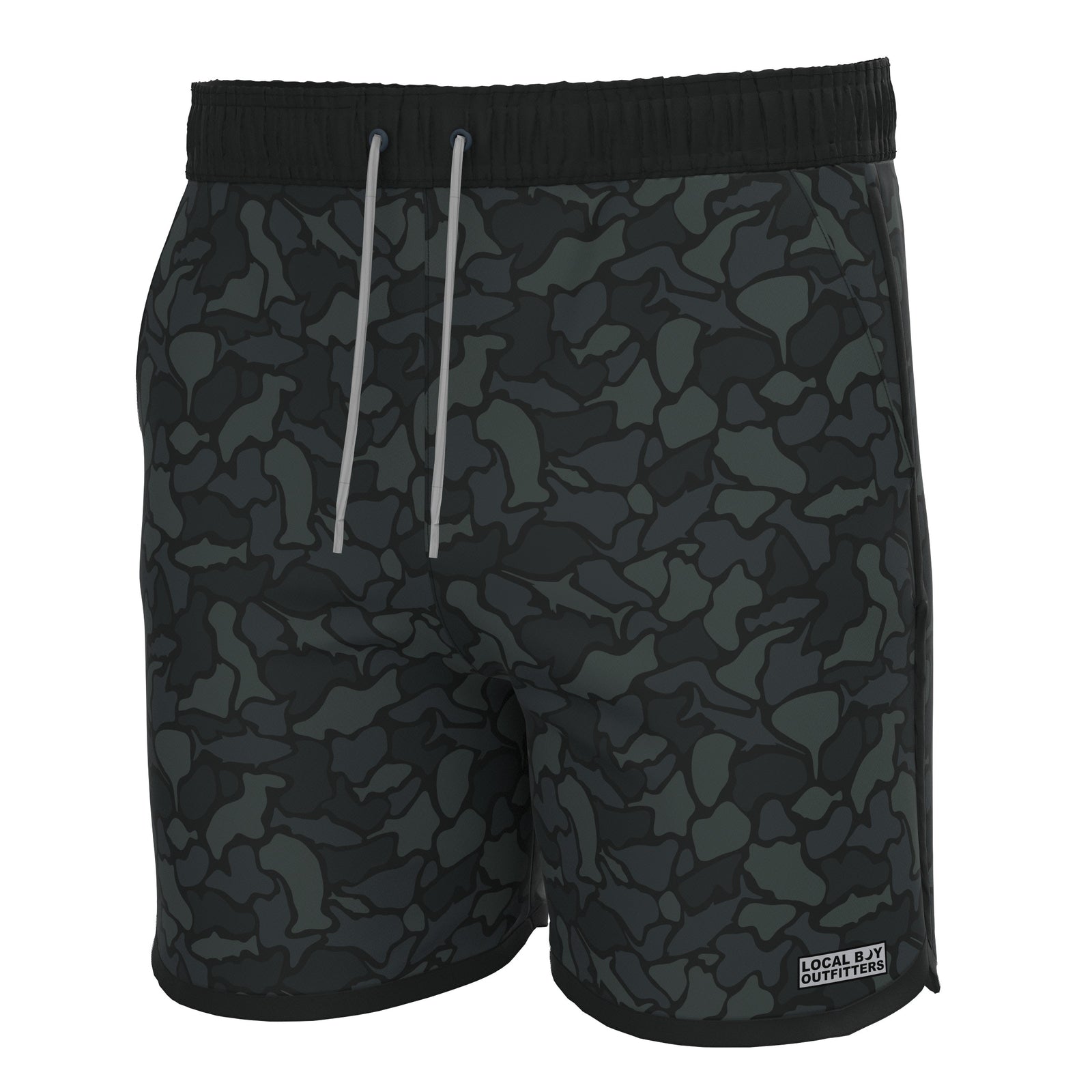 Black camouflage swim trunks with drawstring on a white background